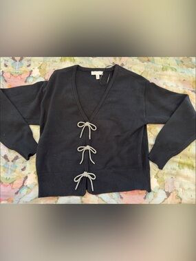 crown & ivy Black Cardigan Sweater with rhinestone Bow Ties